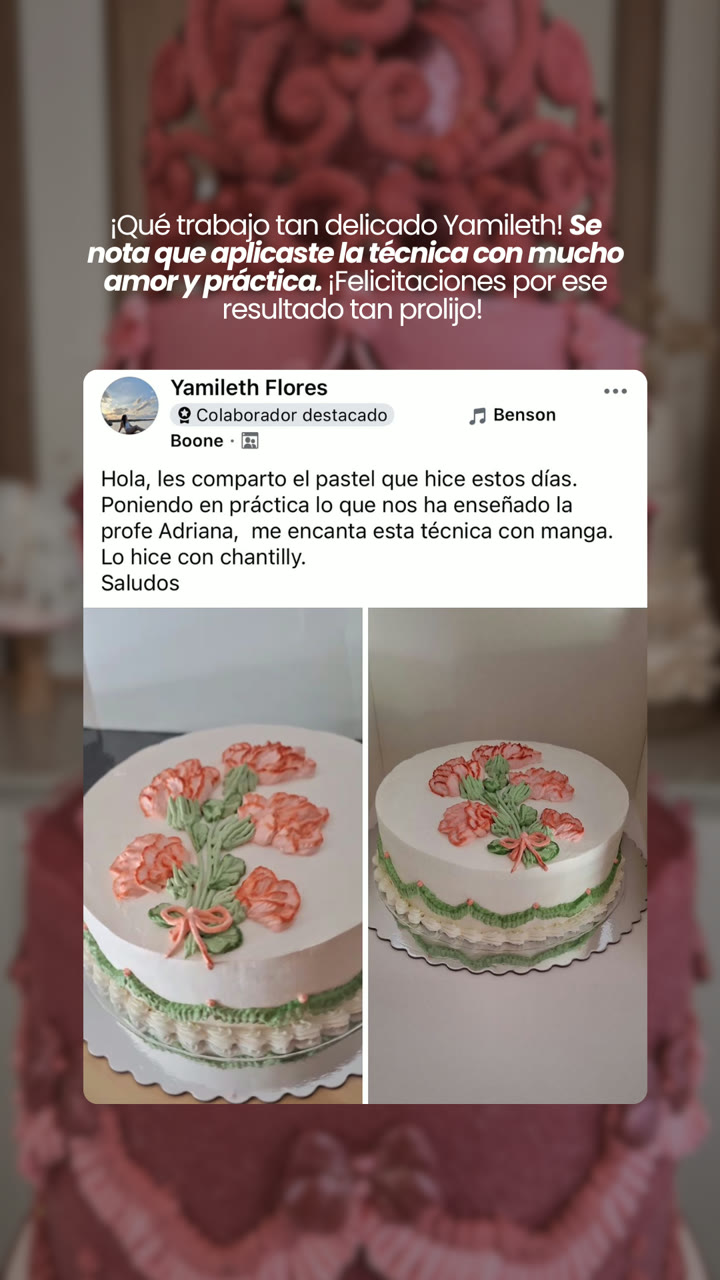 Yamileth Flores muestra el pastel con flores en chantilly que hizo aplicando la técnica de manga
