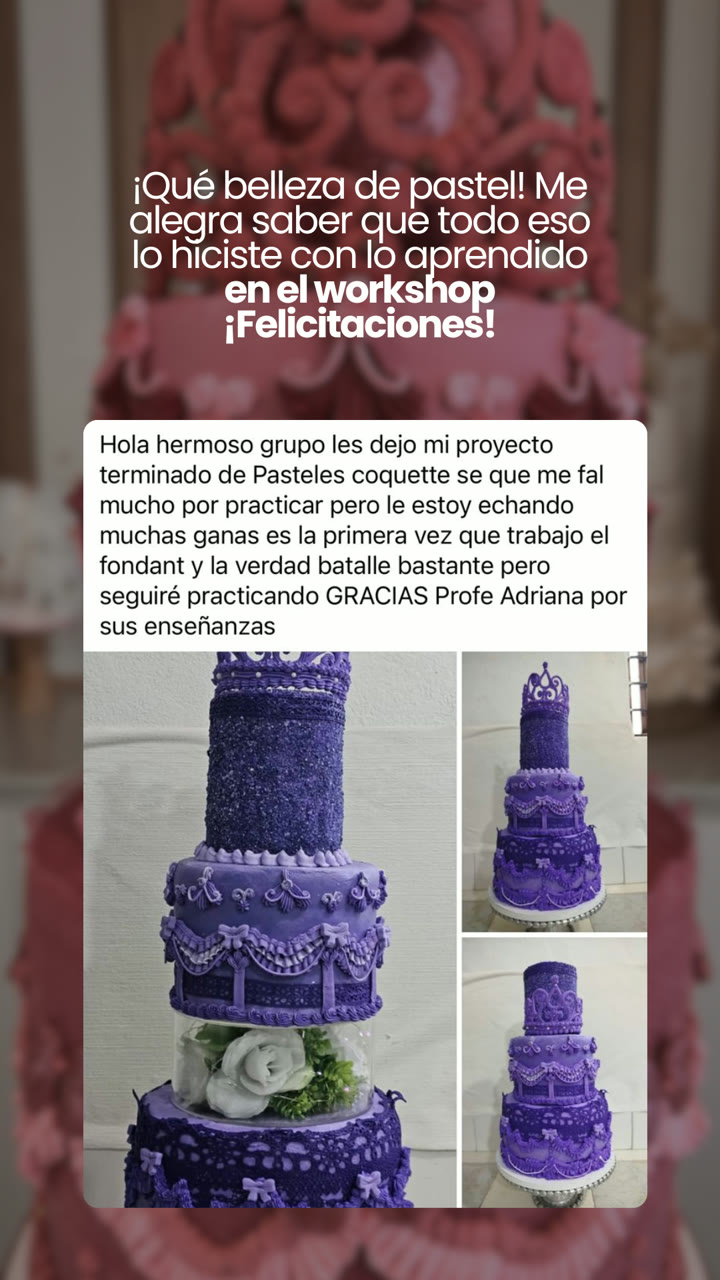 Alumna comparte su proyecto terminado de Pasteles Coquette en violeta, su primera vez trabajando fondant