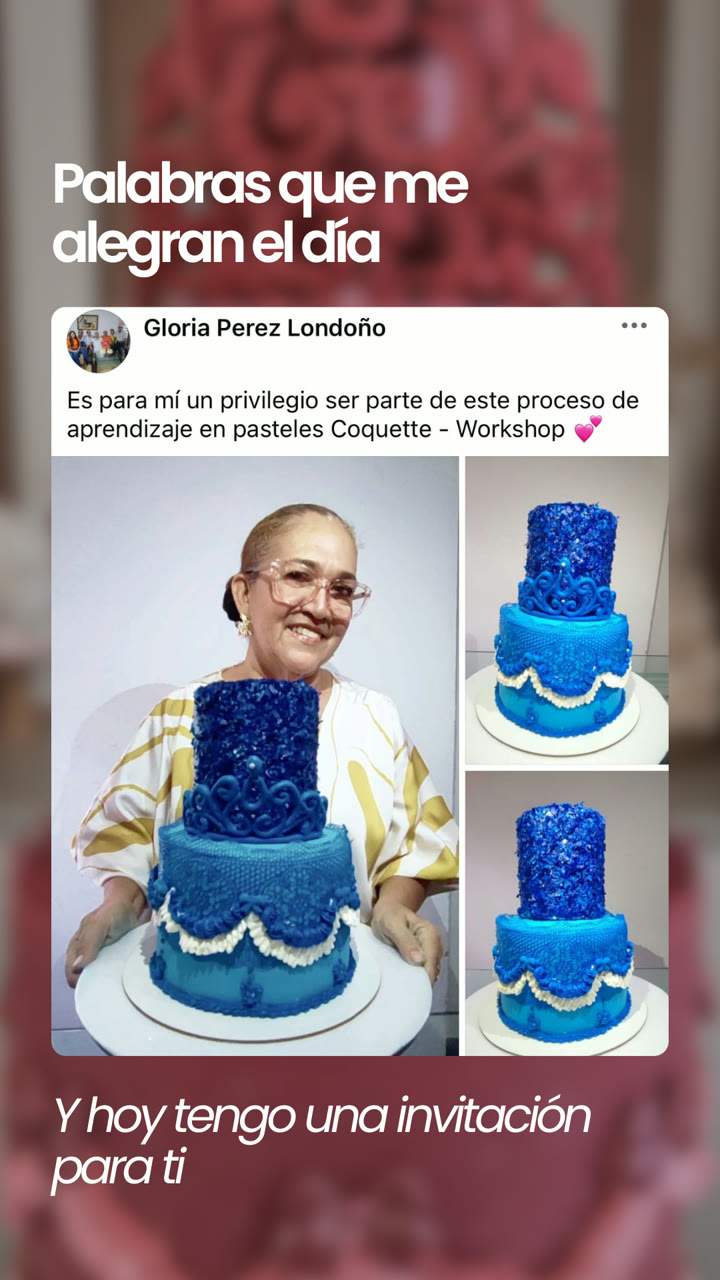 Gloria Perez Londoño junto al pastel azul que realizó en el workshop de Pasteles Coquette